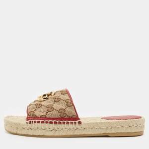 Gucci Beige GG Canvas GG Marmont Espadrille Flat Slides Size 35.5