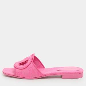 Gucci Pink interlocking G Canvas Flat Slides Size 36