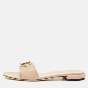 Gucci Light Pink Leather Double G Flat Slides Size 39
