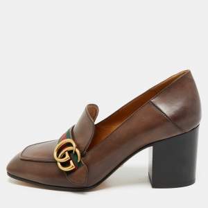 Gucci Brown Leather GG Web Loafer Pumps Size 38