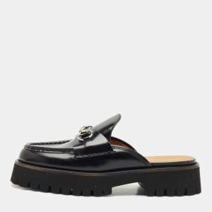 Pre Owned Gucci Black Leather Sylke Horsebit Platform Mules Size 39