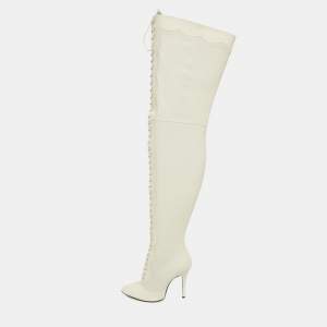 Gucci Off White Snakeskin Embossed and Leather Thigh High Boots Size 40