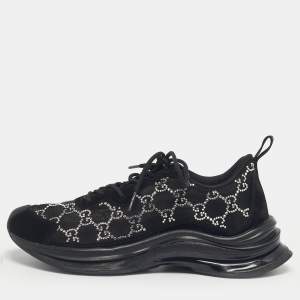 Pre Owned Gucci Black GG Crystal Mesh and Suede Run Sneakers Size 40
