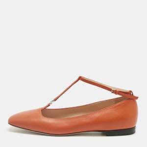 Pre Owned Gucci Orange Leather Interlocking G Logo T Strap Ballet Flats Size 40