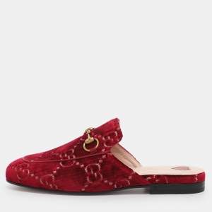 Pre Owned Gucci Red GG Velvet Princetown Flat Mules Size 35