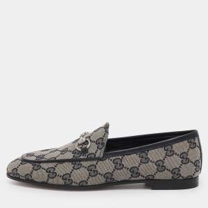 Pre Owned Gucci Beige/Blue GG Canvas and Leather Jordaan Horsebit Loafers Size 36.5