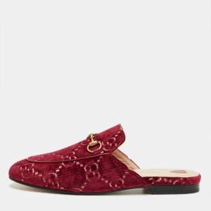Pre Owned Gucci Red GG Velvet Princetown Flat Mules Size 37.5