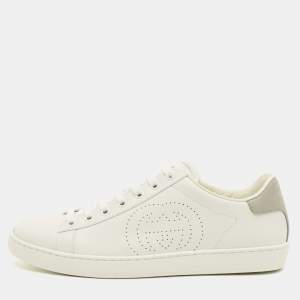 Pre Owned Gucci Ace Size 38.5 White Perforated Interlocking G Leather Low Top Sneakers