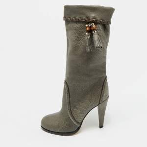 Pre Owned Gucci Size 38 Grey Leather Bamboo Tassel Ankle Length Boots