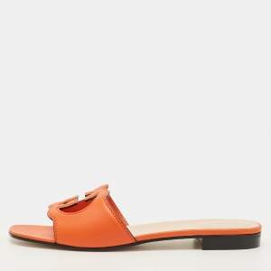 Pre Owned Gucci Interlocking G Size 42 Orange Leather Flat Slides