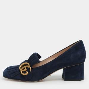 Pre Owned Gucci GG Marmont Size 36.5 Blue Suede Block Heel Pumps