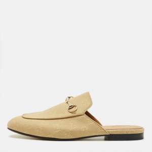 Pre Owned Gucci Princetown Size 40.5 Beige GG Canvas Flat Mules