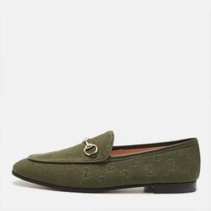 Pre Owned Gucci Jordaan Size 39 Dark Green GG Canvas and Leather Loafers