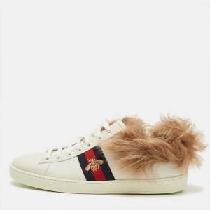 Pre Owned Gucci Ace Size 40 White Fur and Leather Low Top Sneakers
