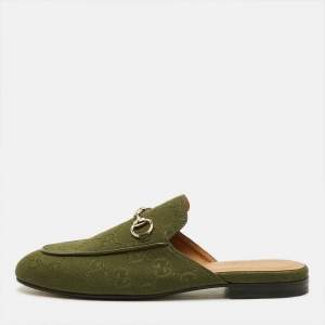 Pre Owned Gucci Princetown Size 36.5 Green GG Canvas Flat Mules