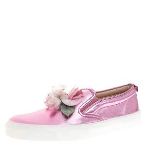 Gucci Pink Foil Leather Flower Slip On Sneakers Size 40