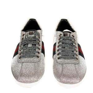 Gucci Silver Glitter Bambi Web Studded Sneakers Size 37