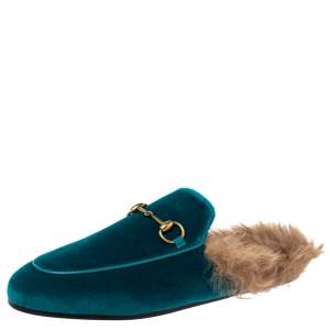 Pre Owned Gucci Green/Brown Velvet and Fur Lined Princetown Flat Mule Size 38