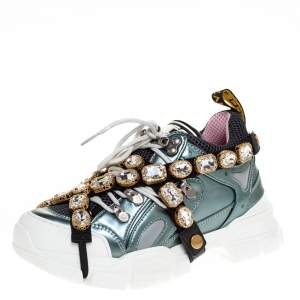 Gucci Metallic Leather and Mesh Flashtrek Removable Crystals Sneakers Size 36
