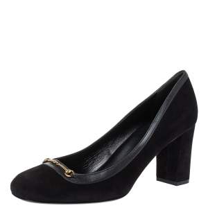 مملوكة مسبقًا Gucci Black Suede And Leather Trim Horsebit Block Heel Pumps Size 40.5