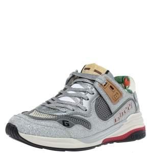 Gucci Shimmery Silver Fabric and Leather Ultrapace Sneakers Size 36