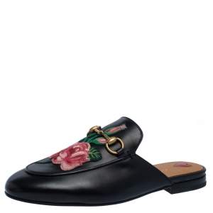 Pre Owned Gucci Black Leather Princetown Flower Embroidered Flat Mules Size 36