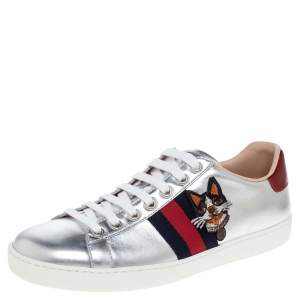 Gucci Silver Leather Ace Embroidered Web Low Top Sneakers Size 38