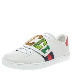 Gucci White Leather Sequin Embellished Ace Web Detail Low Top Sneakers Size 36.5