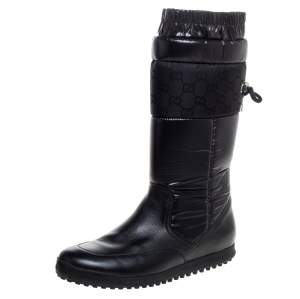 Gucci Dark Blue Leather And GG Nylon Fabric Scrunch Knee High Winter Boots Size 37