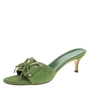 Pre Owned Gucci Green Suede Tied Horse-bit Mule Sandals Size 40.5