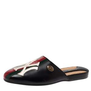 Pre Owned Gucci Black Leather Web Detail NY Flamel Mules Size 38