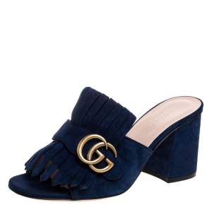 Pre Owned Gucci Blue Suede Leather GG Marmont Fringe Block Heel Mules Size 36