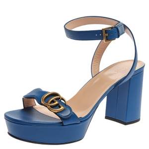 Pre Owned Gucci Blue Leather GG Marmont Ankle Strap Sandals Size 41
