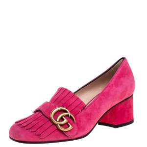 Pre Owned Gucci Pink Suede GG Marmont Fringe Detail Square Toe Block Heel Pumps Size 36