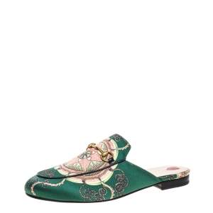 Pre Owned Gucci Green Printed Satin Princetown Mules Size 41