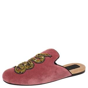Pre Owned Gucci Pink Velvet Snake Embellished Flat Mules Size 38.5