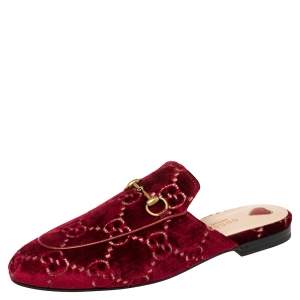 Pre Owned Gucci Pink Velvet And Leather Princetown Horsebit Flat Mules Size 39.5