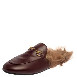Gucci Burgundy  Leather Horsebit  Princetown Mules Size 40