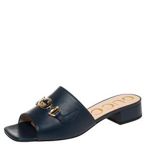 مملوكة مسبقًا Gucci Blue Leather Zumi GG Interlocking Slide Sandals Size 38