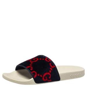 مملوكة مسبقًا Gucci Navy Blue/Red GG Velvet Slide Sandals Size 38