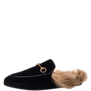 مملوكة مسبقًا Gucci Black Velvet Fur Lined Princetown Horsebit Mules Size 39.5