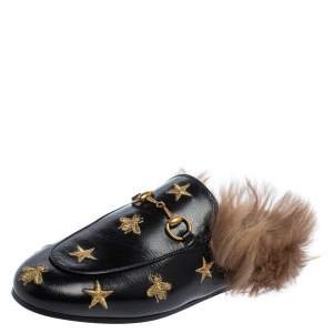 مملوكة مسبقًا Gucci Black Star And Bee Embroidered Leather Fur Lined Princetown Horsebit Mules Size 37