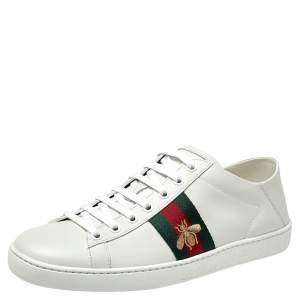 Pre Owned Gucci White Leather Embroidered Bee Ace Low Top Sneakers Size 39