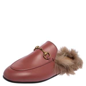 Pre Owned Gucci Pink Leather Fur Lined Princetownn Horsebit Mules Size 37