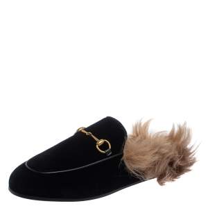 مملوكة مسبقًا Gucci Black Velvet Fur Lined Princetown Horsebit Mules Size 38