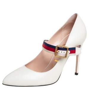 مملوكة مسبقًا Gucci White Leather Sylvie Mary Jane Pumps Size 38.5
