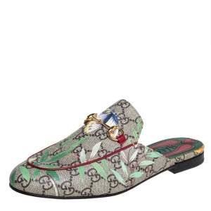 Pre Owned Gucci Multicolor GG Supreme Tian Print Canvas Princetown Horsebit Mules Size 37.5