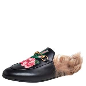Pre Owned Gucci Black Leather And Fur Princetown  Sandals Size 39