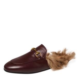 Gucci Burgundy Leather Fur Lined Princetown Horsebit Mules Size 37
