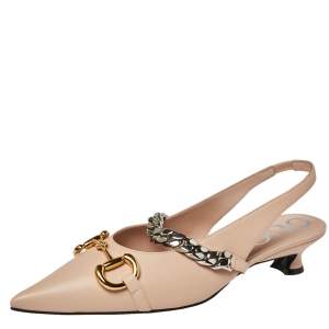 Pre Owned Gucci Beige Leather Horsebit Pointed Toe Slingback Sandals Size 39